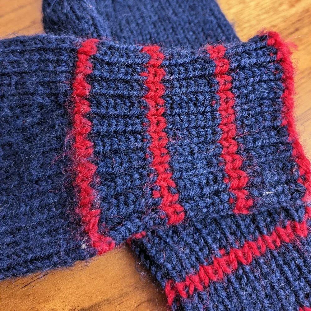 Child's Handmade Cottagecore Knit Blue Mittens with Red Stripes